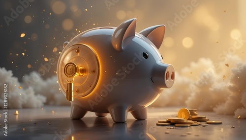 Piggy bank concept with a golden key unlocking a glowing door on its side, symbolizing financial opportunities and unlocking savings potential