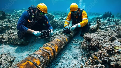 Underwater Cable Maintenance: Two divers working on underwater cable infrastructure in a vibrant underwater environment.