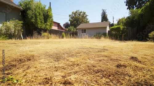 Dead Lawn in Neglected Yard: California Drought Causing Dry and Brown Eyesore
