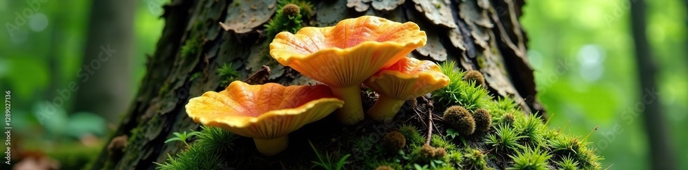 Forest fungi spread across a large tree's surface, organic, tree bark Forest fungi spread across a large tree's surface, organic, tree bark