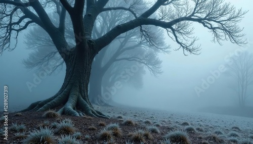 Frosty mist swirls around ancient tree trunks, grey, foggy landscape, trees