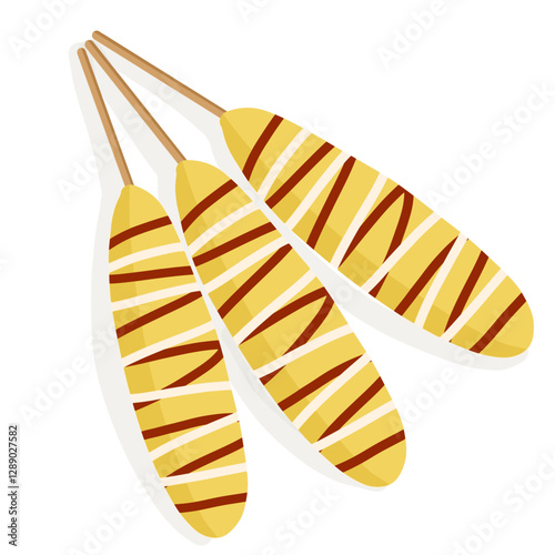 Illustration of Indonesian egg rolls (Telur Gulung), a popular street food. Deep-fried eggs wrapped around skewers and drizzled with sauces.

