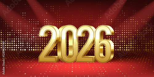 Happy new year 2026 background. Gold 3D numbers on red background. Holiday greeting card design.