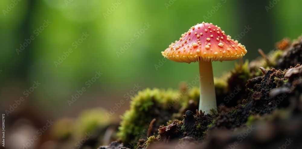 A delicate Morel mushroom sprouting from decaying tree bark, vegetation, forest floor, mycology A delicate Morel mushroom sprouting from decaying tree bark, vegetation, forest floor, mycology