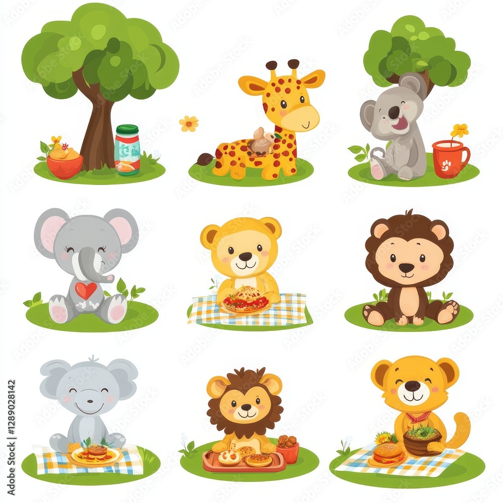 Fototapeta premium A white background clipart image of cartoon animals, such as a fox, deer, monkey, elephant, and koala, having a picnic