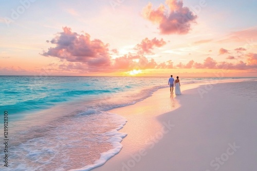 Destination Beach Wedding: Romantic Sunset Ceremony by the Sea with Bride and Groom Walking Along the Coastline