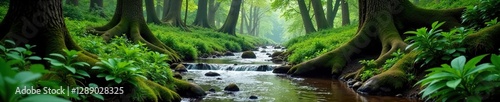 Forest stream winding its way through trees and bushes, scenery, foliage, stream