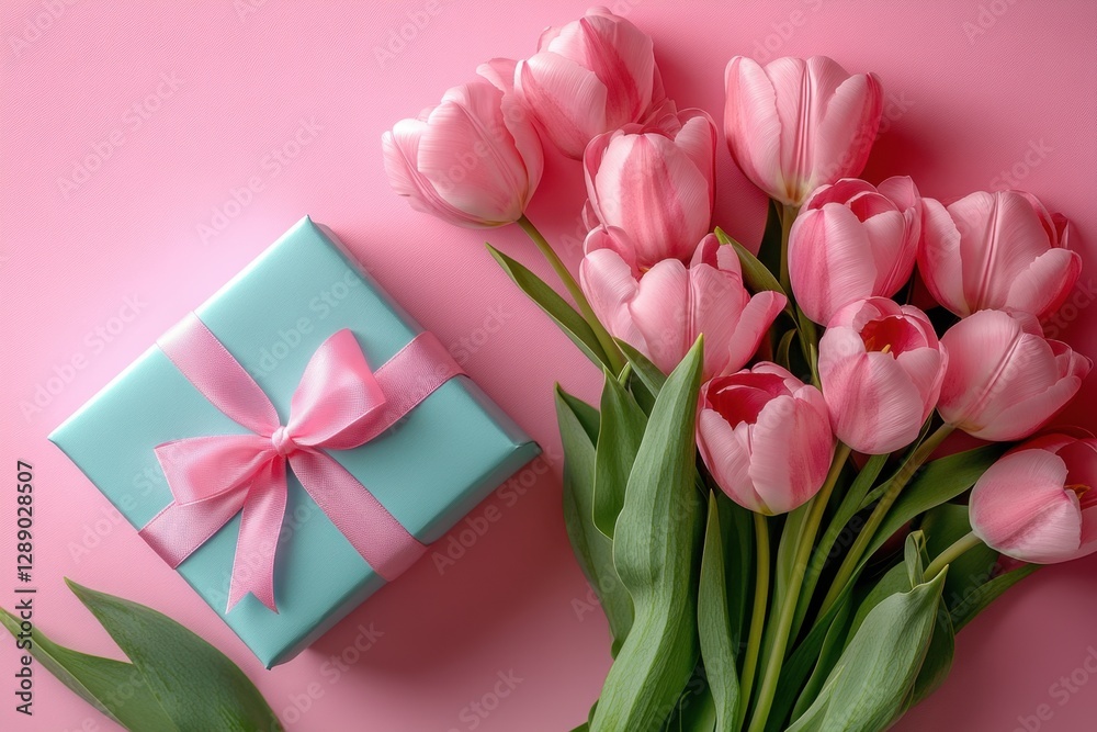 Fototapeta premium Mother's Day and birthday decorations concept. Top view photo of blue gift box with pink ribbon bow and bouquet of pink tulips on isolated pink background with copy space. International women's day