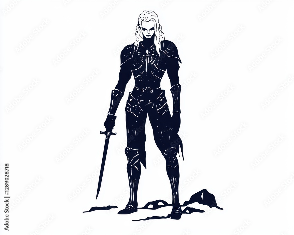 A fierce warrior stands confidently in armor, holding a sword, exuding strength and determination. A fierce warrior stands confidently in armor, holding a sword, exuding strength and determination.
