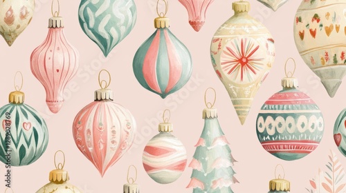 an illustrated pattern of a collection of rococo Christmas ornaments in pale pastel colors
