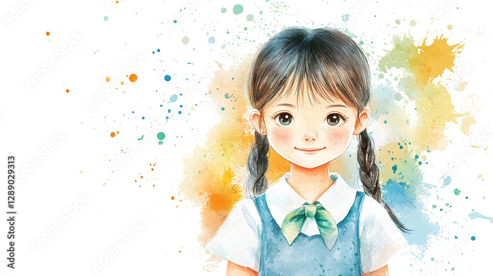A happy school girl with colorful splashes isolated on transparent background. Watercolor illustration A happy school girl with colorful splashes isolated on transparent background. Watercolor illustration