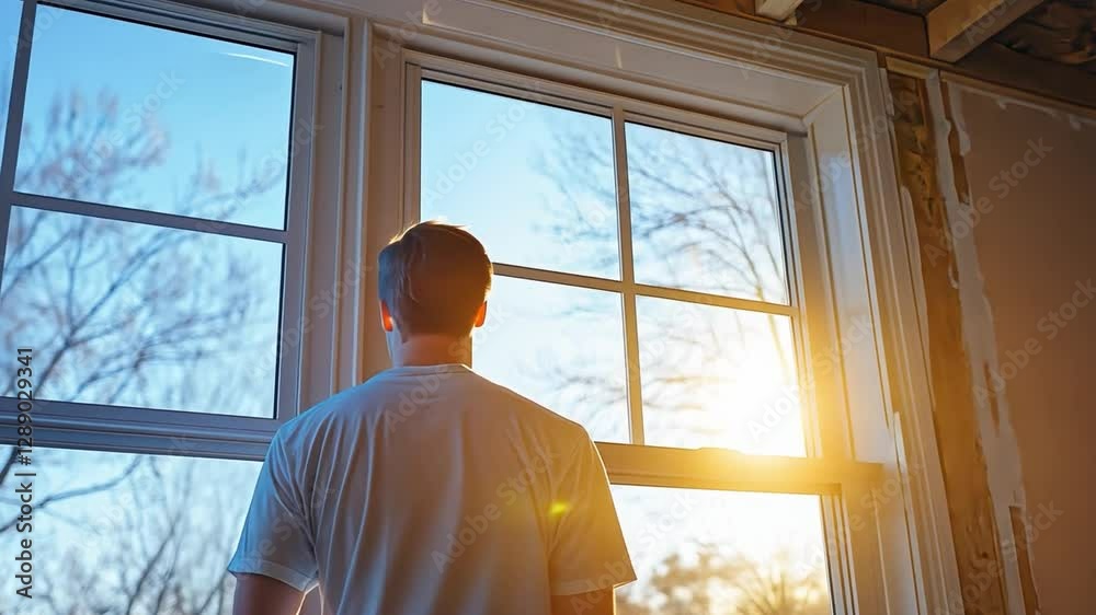 A man standing near a window, enjoying the warm sunlight and clear sky. The scene reflects contemplation, relaxation, mindfulness, and a peaceful moment indoors. A man standing near a window, enjoying the warm sunlight and clear sky. The scene reflects contemplation, relaxation, mindfulness, and a peaceful moment indoors.