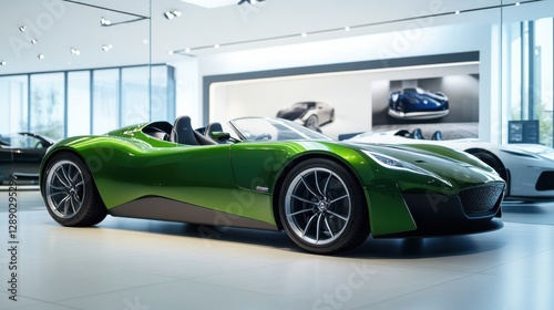 A car showroom displaying eco-friendly luxury roadsters. Featuring sleek design and green performance