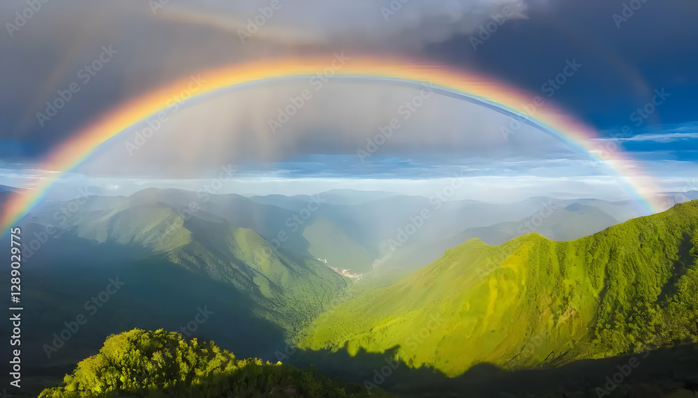 The beautiful arc of a vibrant rainbow over the mountains The beautiful arc of a vibrant rainbow over the mountains