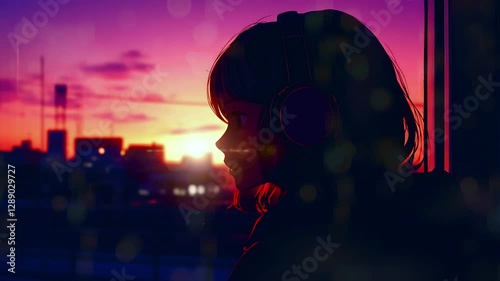 Girl listening to music at sunset city window
