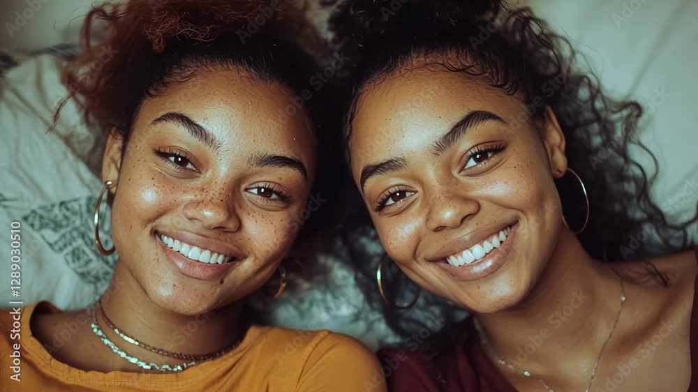 Sisterhood Serenity: Capture the warmth of sisterhood with a close-up shot featuring two radiant sisters, sharing genuine smiles and a palpable bond.