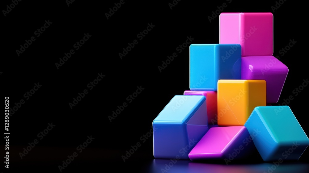 Obraz premium A colorful stack of blocks on a black background. The blocks are in various colors, including blue, yellow, and pink. Concept of creativity and playfulness