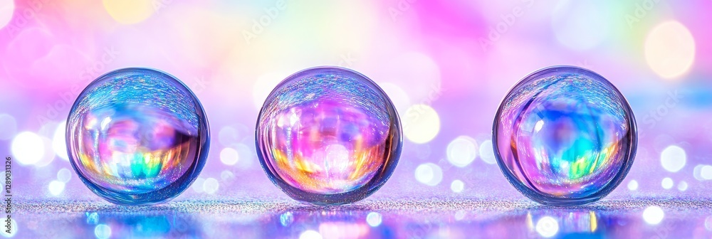 Iridescent Bubbles on Glitter - Three iridescent bubbles rest on a sparkling glitter surface, reflecting colorful bokeh lights. Perfect for backgrounds, websites, or design projects Iridescent Bubbles on Glitter - Three iridescent bubbles rest on a sparkling glitter surface, reflecting colorful bokeh lights. Perfect for backgrounds, websites, or design projects