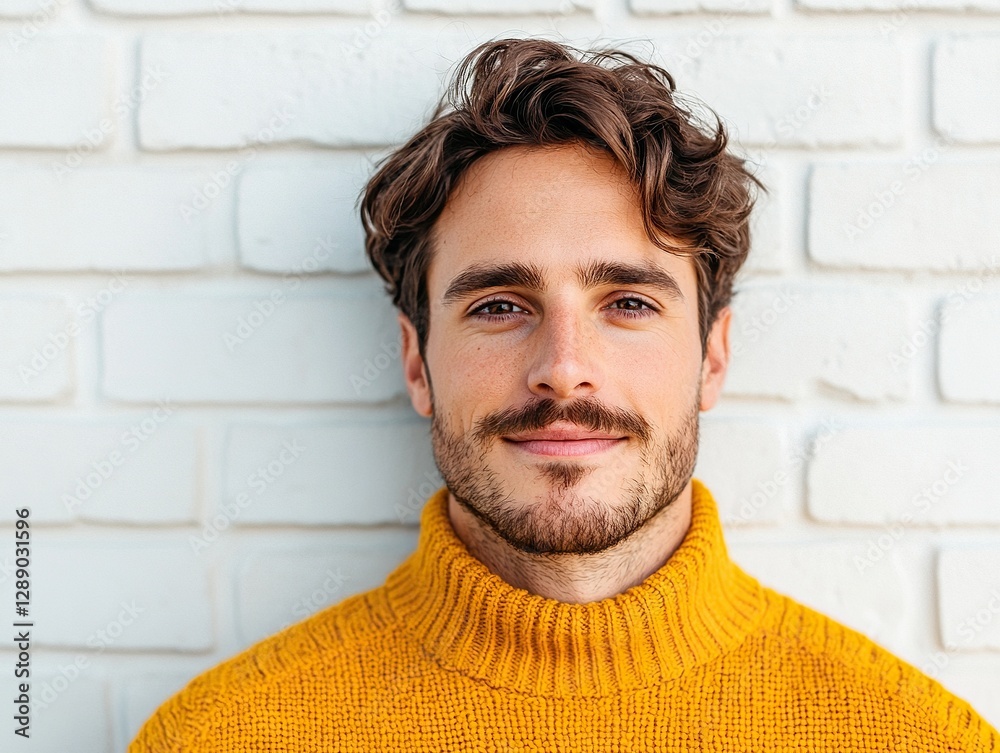 Portrait of a smiling man in a cozy yellow sweater against a white wall lifestyle photography indoor close-up Portrait of a smiling man in a cozy yellow sweater against a white wall lifestyle photography indoor close-up