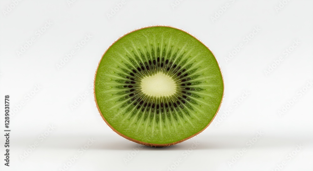 A kiwi fruit sliced in half, displaying its vibrant green color and tiny black seeds on a white background A kiwi fruit sliced in half, displaying its vibrant green color and tiny black seeds on a white background