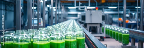 Wallpaper Mural stock photo Soft pastel and bioluminescent colors glow from a conveyor belt filled with tall glass jars containing green plant-like substances.  Torontodigital.ca