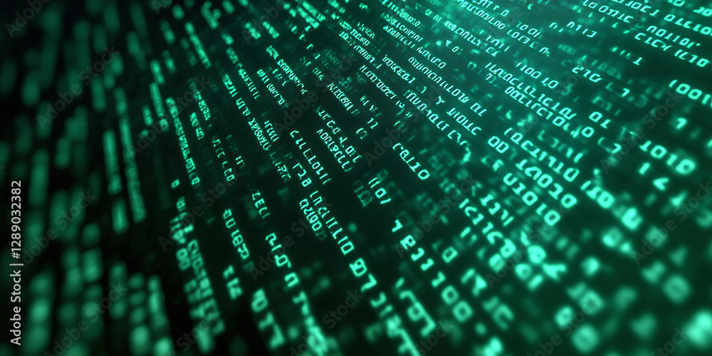 Abstract binary code rain in green, suggesting data flow and digital information. Modern technology backdrop representing cybersecurity or data processing.