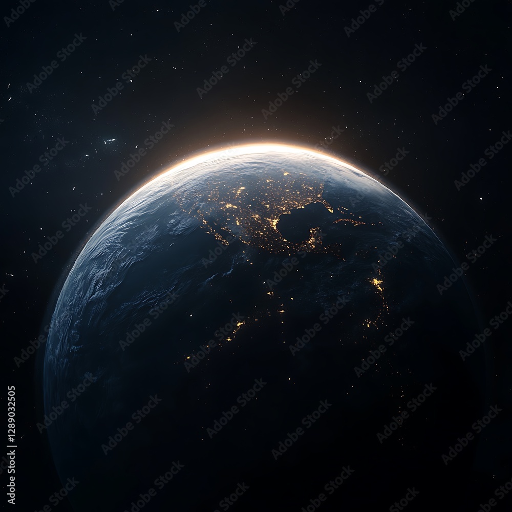 Obraz premium Earth at Night from Space, City Lights Gleaming, Dark Blue Planet, Cosmic View