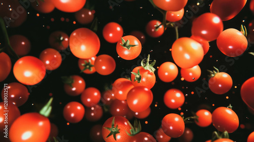 Vibrant floating cherry tomatoes on dark background for fresh produce concept