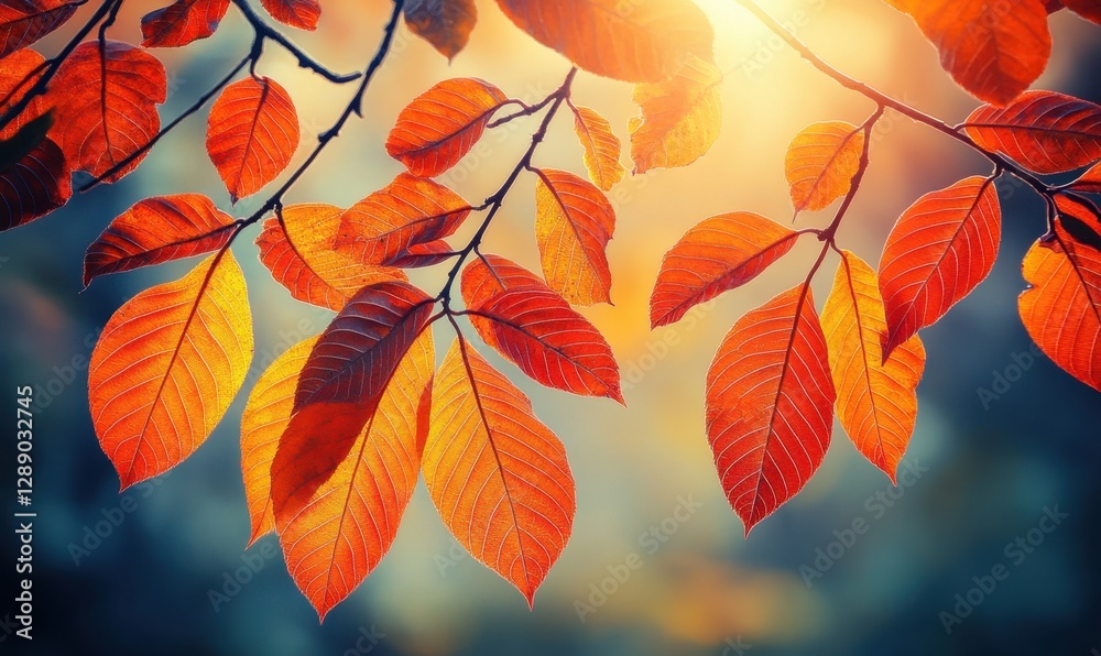 Sunlit Autumn Leaves on Branch in Forest Background Sunlit Autumn Leaves on Branch in Forest Background