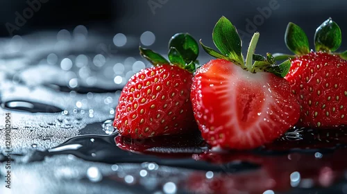 Panel kuchenny z motywem Świeże truskawki z kroplami wody, jedna przekrojona na pół, na ciemnej powierzchni