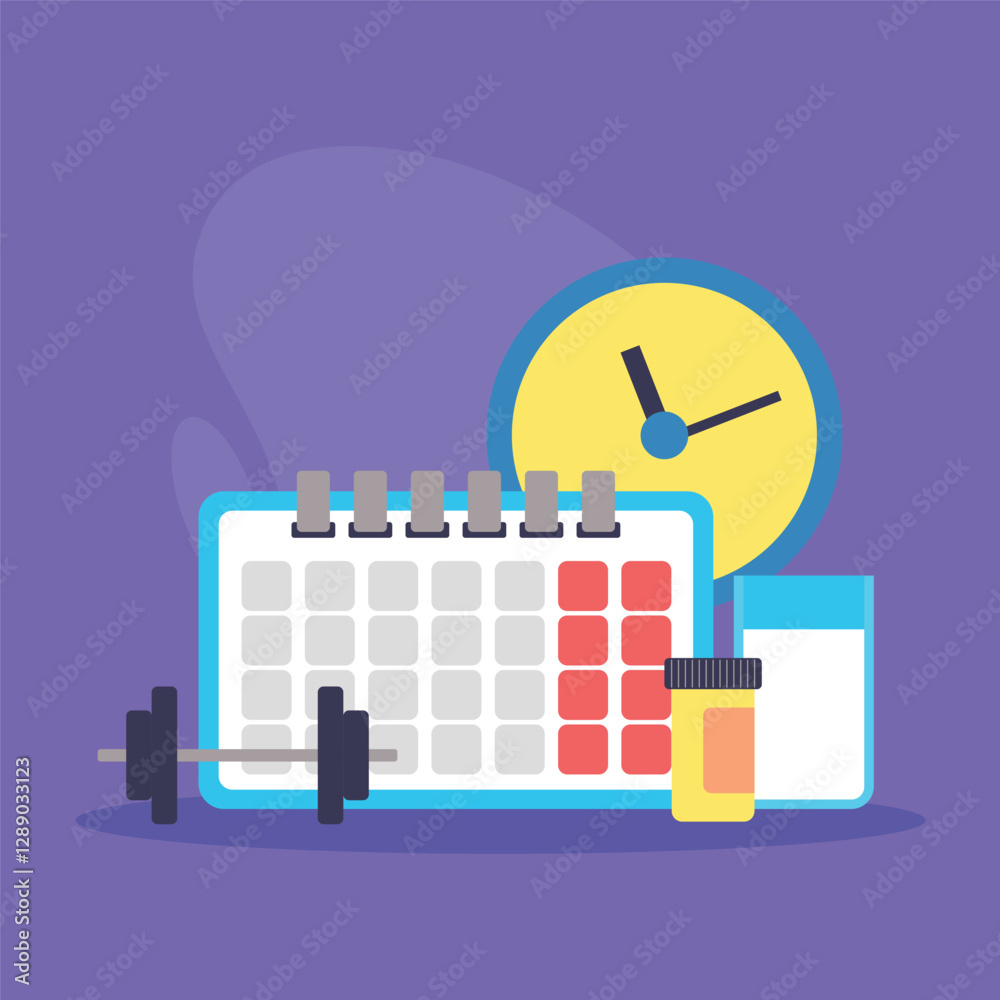 Calendar marked with fitness goals alongside clock, bottle of supplements, and dumbbell. Importance of planning for health and fitness concept