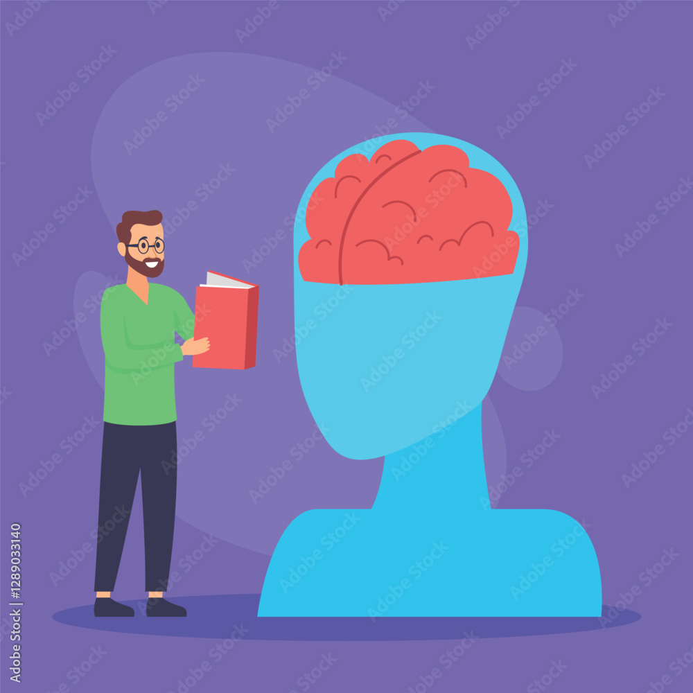 Person standing with book near large representation of human head filled with brain. Link between health and mental wellness concept
