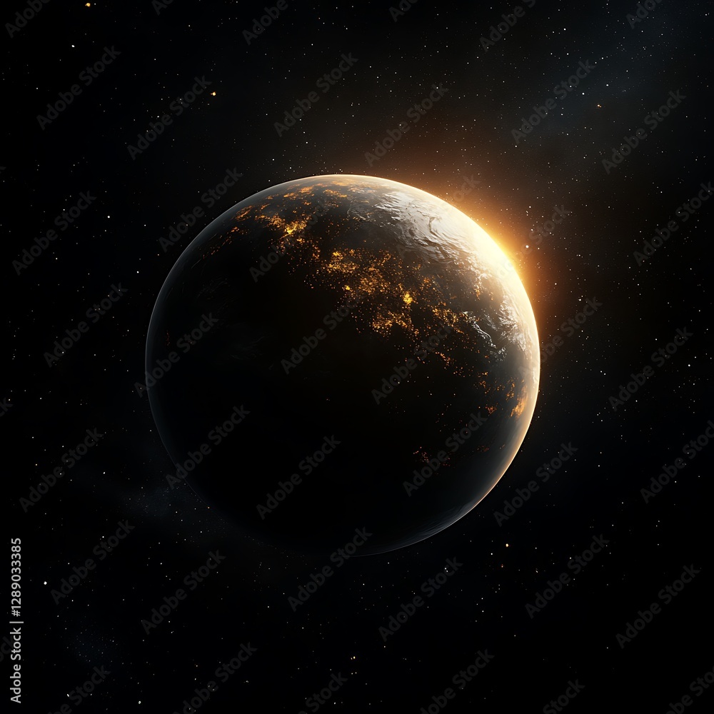 Obraz premium Sunrise on a Distant Planet, City Lights Gleaming in the Dark
