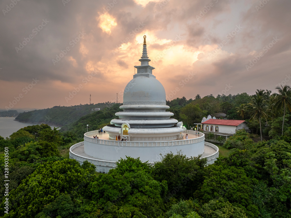 Japanese Peace Pagoda In Rumassala, Sri Lanka. The Japanese Peace Pagoda Near Unawatuna Is A Beautiful Shrine With Amazing Views Across Indian Ocean And Galle Dutch Fort.
