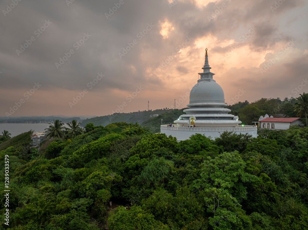 Japanese Peace Pagoda In Rumassala, Sri Lanka. The Japanese Peace Pagoda Near Unawatuna Is A Beautiful Shrine With Amazing Views Across Indian Ocean And Galle Dutch Fort.