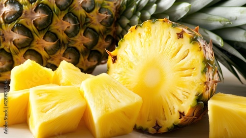 Cały ananas i pokrojone kawałki na jasnym tle, naturalna kompozycja photo