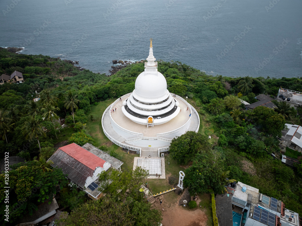 Japanese Peace Pagoda In Rumassala, Sri Lanka. The Japanese Peace Pagoda Near Unawatuna Is A Beautiful Shrine With Amazing Views Across Indian Ocean And Galle Dutch Fort.