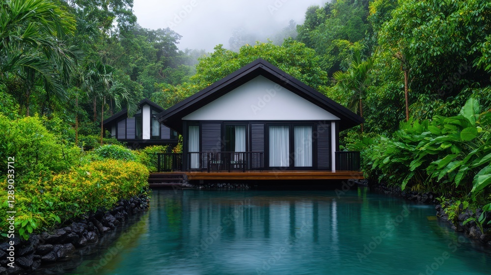 Serene retreat tropical paradise architecture lush greenery tranquil waters modern design Serene retreat tropical paradise architecture lush greenery tranquil waters modern design