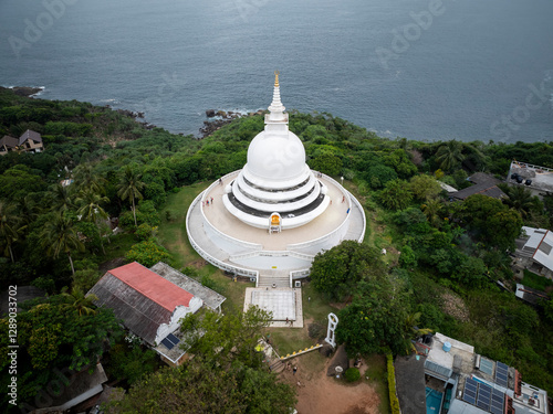Japanese Peace Pagoda In Rumassala, Sri Lanka. The Japanese Peace Pagoda Near Unawatuna Is A Beautiful Shrine With Amazing Views Across Indian Ocean And Galle Dutch Fort.