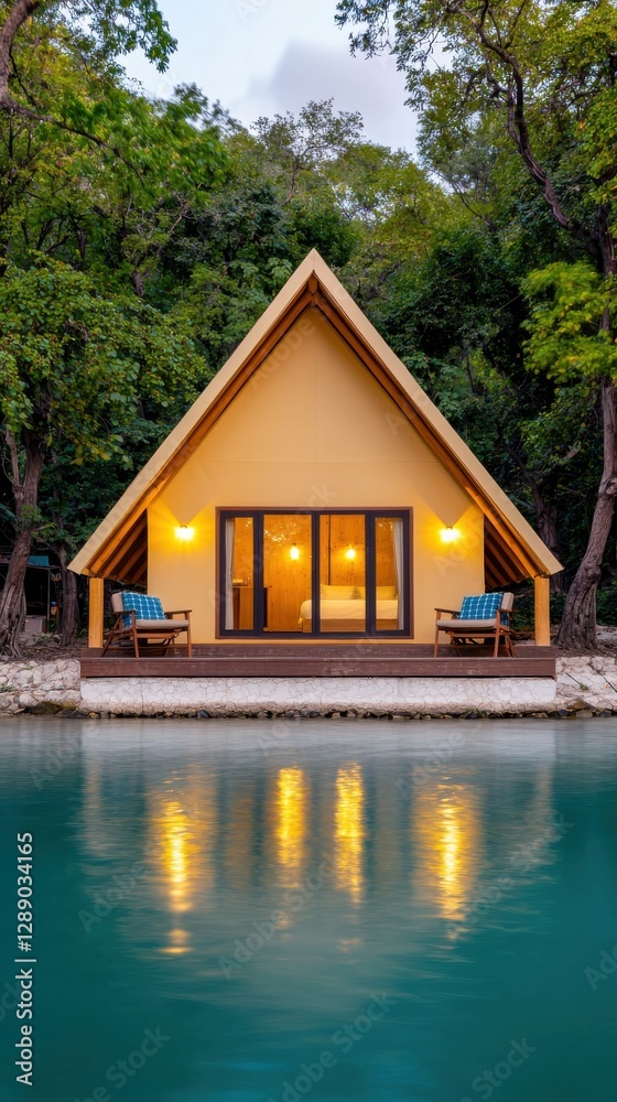 Fototapeta premium Tranquil lakefront cabin retreat serene forest setting peaceful environment wide angle view relaxation concept