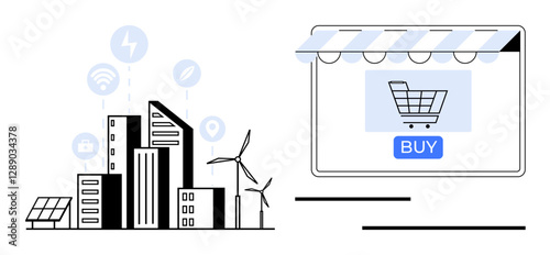 Modern cityscape with solar panels, wind turbines, and smart buildings connected to technology icons adjacent online shopping window with BUY button for e-commerce. Ideal for e-commerce, smart