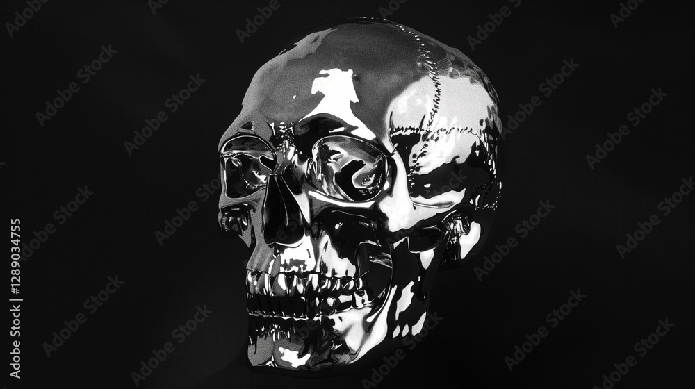 A highly detailed silver skull set against a deep black background, designed for a striking computer screensaver. The metallic surface of the skull reflects subtle highlights, emphasizing its smooth y A highly detailed silver skull set against a deep black background, designed for a striking computer screensaver. The metallic surface of the skull reflects subtle highlights, emphasizing its smooth y