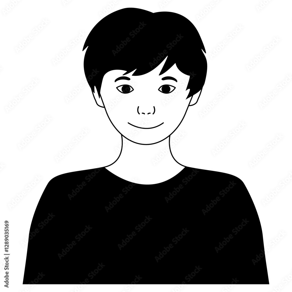 A boy in black and white. A profile picture of a child smiling. A black and white teenage avatar picture. editable stroke.
