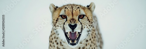 Majestic Cheetah Portrait - Close-up of a cheetah with its mouth open, showing sharp teeth. Against a white background. Wild cat