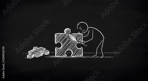 Chalkboard-Style Stick Figure Inspecting a Giant Puzzle Piece with a Magnifying Glass – Problem-Solving and Discovery Concept