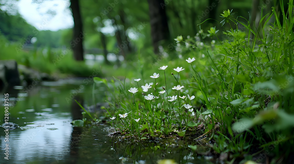 White Flowers by the Stream in Lush Green Forest White Flowers by the Stream in Lush Green Forest