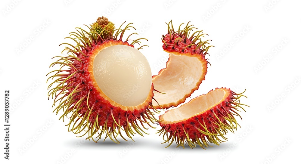A rambutan with its hairy red shell partially peeled, exposing the juicy fruit inside, against a white background A rambutan with its hairy red shell partially peeled, exposing the juicy fruit inside, against a white background