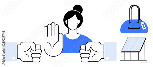 Woman raising hand to indicate stop surrounded by clenched fists, handbag, and solar panel. Ideal for conflict resolution, sustainability, consumerism, power dynamics, social issues, environmental