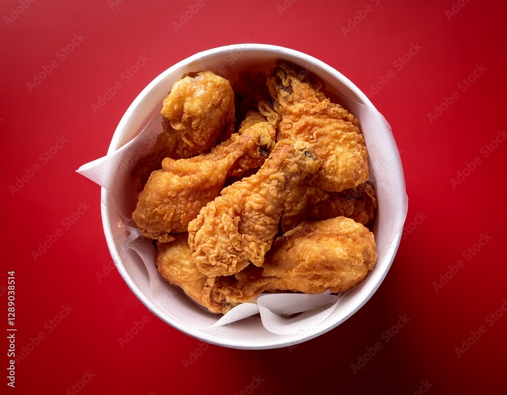 Fotografía de estudio profesional pollo frito en un cubo redondo de carton blanco, en fondo rojo limpio estilo 4k, ultra realista Fotografía de estudio profesional pollo frito en un cubo redondo de carton blanco, en fondo rojo limpio estilo 4k, ultra realista