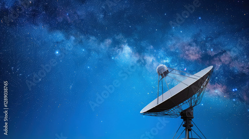 Large satellite dish pointing toward a starry night sky, representing space exploration, communication technology and astronomy research.